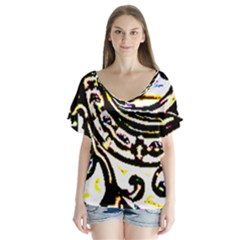 Faux Baroque Print V-neck Flutter Sleeve Top by 3cl3ctix