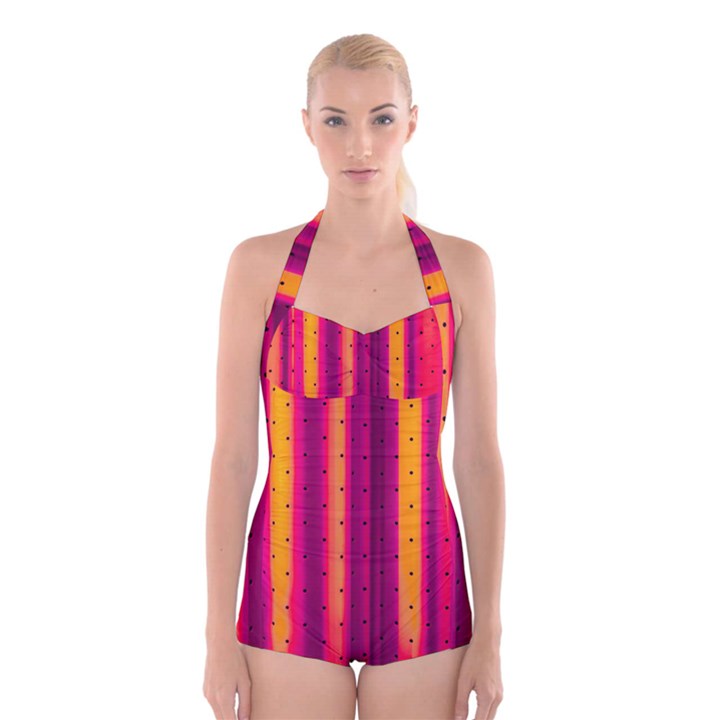 Warped Stripy Dots Boyleg Halter Swimsuit 