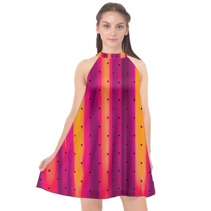 Warped Stripy Dots Halter Neckline Chiffon Dress 