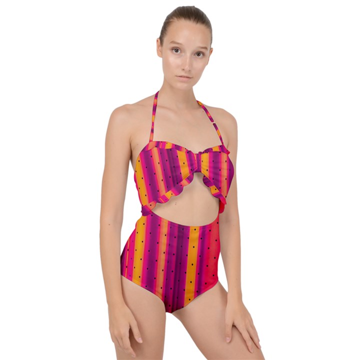 Warped Stripy Dots Scallop Top Cut Out Swimsuit