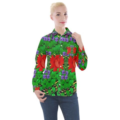 A Island Of Roses In The Calm Sea Women s Long Sleeve Pocket Shirt by pepitasart