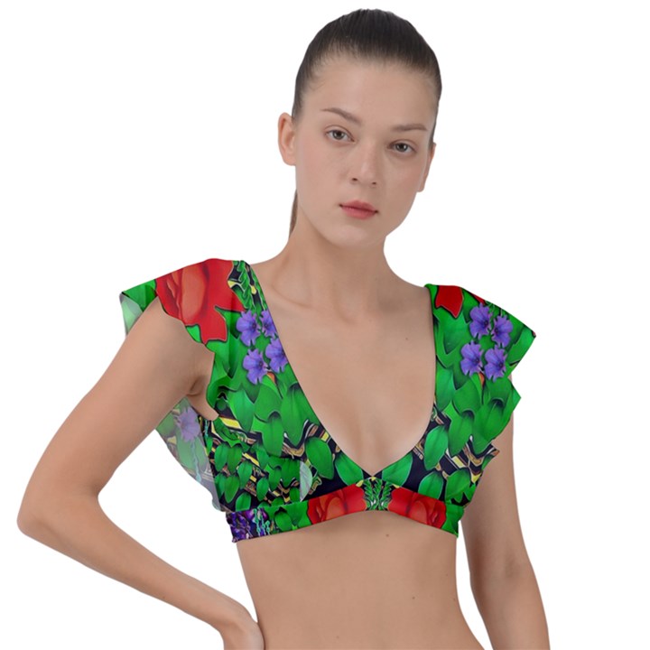 A Island Of Roses In The Calm Sea Plunge Frill Sleeve Bikini Top