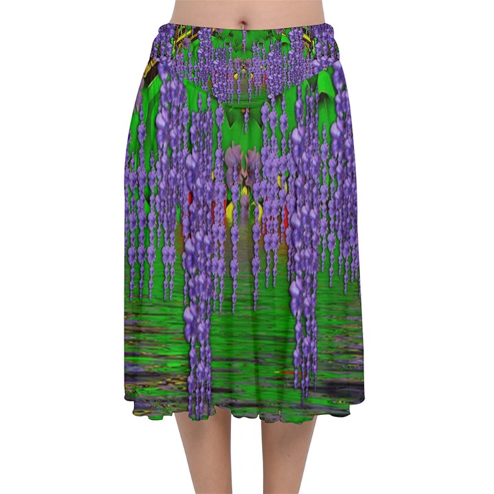 A Island Of Flowers In The Calm Sea Velvet Flared Midi Skirt