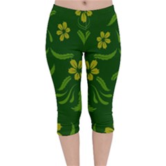 Folk Flowers Print Floral Pattern Ethnic Art Velvet Capri Leggings  by Eskimos