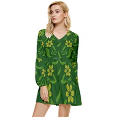 Folk Flowers Print Floral Pattern Ethnic Art Tiered Long Sleeve Mini Dress by Eskimos