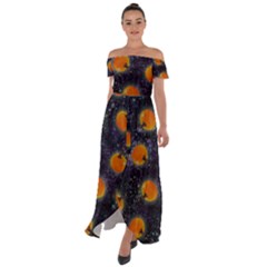 Space Pumpkins Off Shoulder Open Front Chiffon Dress by SychEva