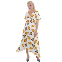 Oak Leaves And Acorns Cross Front Sharkbite Hem Maxi Dress by SychEva