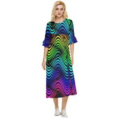 Abstract Rainbow Curves Pattern Double Cuff Midi Dress