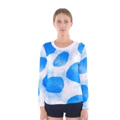 Cloudy Watercolor, Blue Cow Spots, Animal Fur Print Women s Long Sleeve Tee