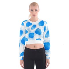 Cloudy Watercolor, Blue Cow Spots, Animal Fur Print Cropped Sweatshirt