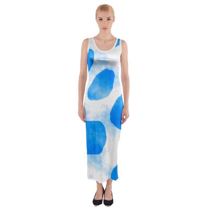 Cloudy watercolor, blue cow spots, animal fur print Fitted Maxi Dress