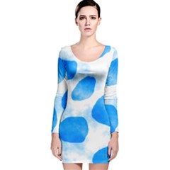 Cloudy Watercolor, Blue Cow Spots, Animal Fur Print Long Sleeve Velvet Bodycon Dress