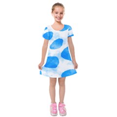 Cloudy Watercolor, Blue Cow Spots, Animal Fur Print Kids  Short Sleeve Velvet Dress