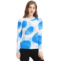 Cloudy Watercolor, Blue Cow Spots, Animal Fur Print Women s Long Sleeve Rash Guard by Casemiro