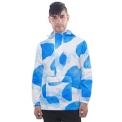 Cloudy Watercolor, Blue Cow Spots, Animal Fur Print Men s Front Pocket Pullover Windbreaker