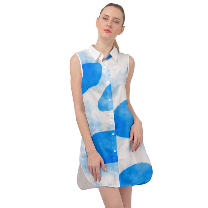 Cloudy watercolor, blue cow spots, animal fur print Sleeveless Shirt Dress