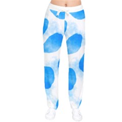 Cloudy Watercolor, Blue Cow Spots, Animal Fur Print Women Velvet Drawstring Pants