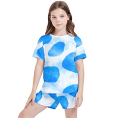 Cloudy Watercolor, Blue Cow Spots, Animal Fur Print Kids  Tee And Sports Shorts Set by Casemiro