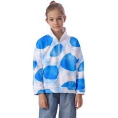 Cloudy Watercolor, Blue Cow Spots, Animal Fur Print Kids  Half Zip Hoodie