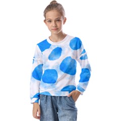 Cloudy Watercolor, Blue Cow Spots, Animal Fur Print Kids  Long Sleeve Tee With Frill 