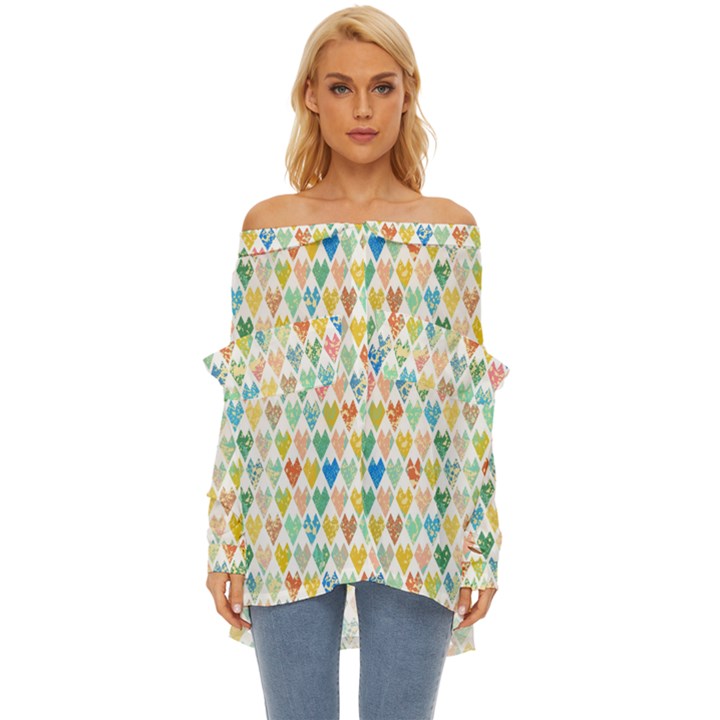 Multicolored Hearts Off Shoulder Chiffon Pocket Shirt