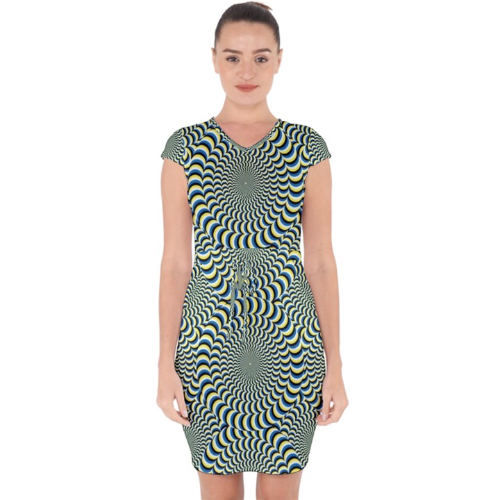 Illusion Waves Pattern Capsleeve Drawstring Dress 