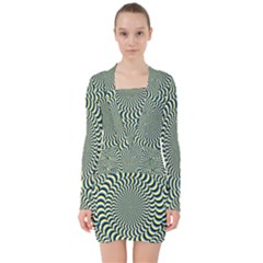 Illusion Waves Pattern V-neck Bodycon Long Sleeve Dress by Sparkle