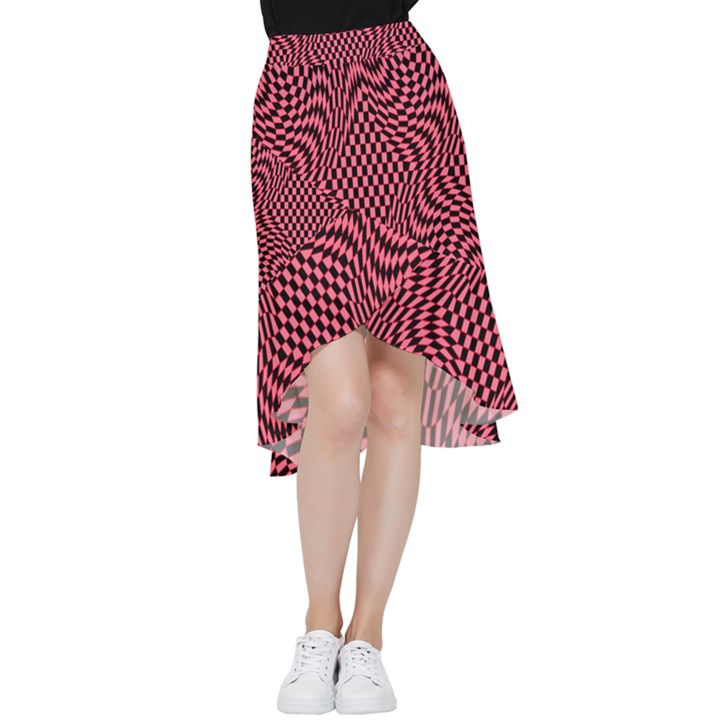 Illusion Waves Pattern Frill Hi Low Chiffon Skirt