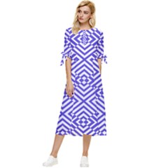 Illusion Waves Pattern Bow Sleeve Chiffon Midi Dress