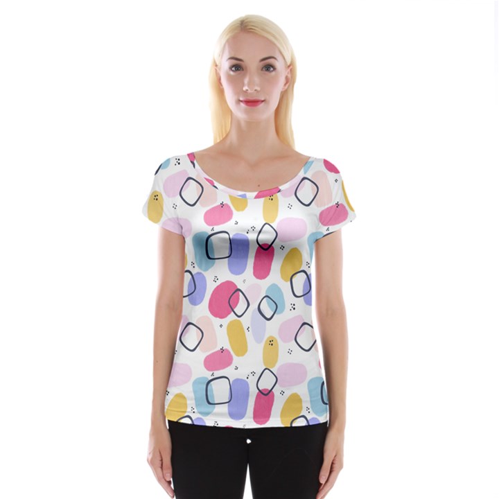 Abstract Multicolored Shapes Cap Sleeve Top