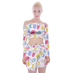 Abstract Multicolored Shapes Off Shoulder Top With Mini Skirt Set by SychEva