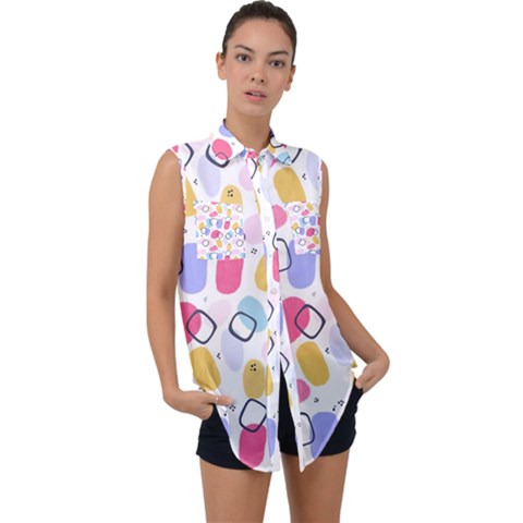 Abstract Multicolored Shapes Sleeveless Chiffon Button Shirt by SychEva