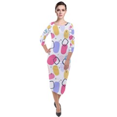 Abstract Multicolored Shapes Quarter Sleeve Midi Velour Bodycon Dress by SychEva