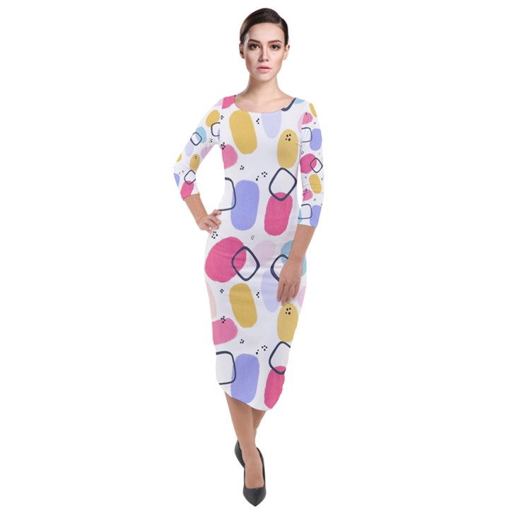 Abstract Multicolored Shapes Quarter Sleeve Midi Velour Bodycon Dress