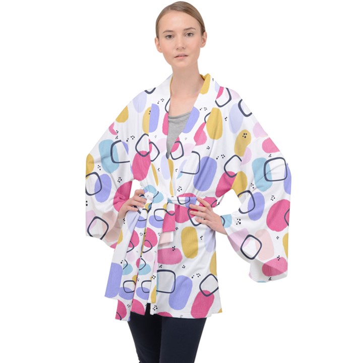 Abstract Multicolored Shapes Long Sleeve Velvet Kimono 