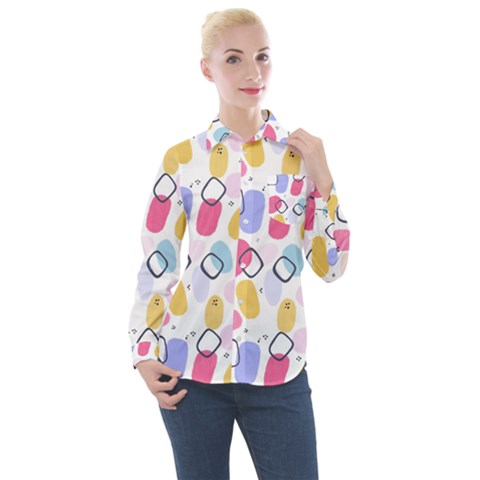 Abstract Multicolored Shapes Women s Long Sleeve Pocket Shirt by SychEva