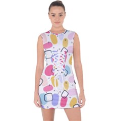 Abstract Multicolored Shapes Lace Up Front Bodycon Dress by SychEva