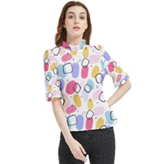 Abstract Multicolored Shapes Frill Neck Blouse