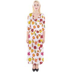 Watercolor Autumn Leaves Quarter Sleeve Wrap Maxi Dress