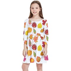 Watercolor Autumn Leaves Kids  Quarter Sleeve Skater Dress