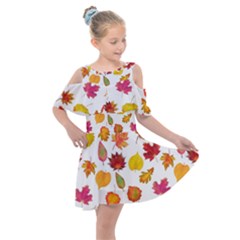 Watercolor Autumn Leaves Kids  Shoulder Cutout Chiffon Dress by SychEva