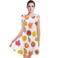 Watercolor Autumn Leaves Tie Up Tunic Dress