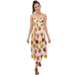 Watercolor Autumn Leaves Halter Tie Back Dress 