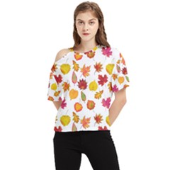 Watercolor Autumn Leaves One Shoulder Cut Out Tee by SychEva