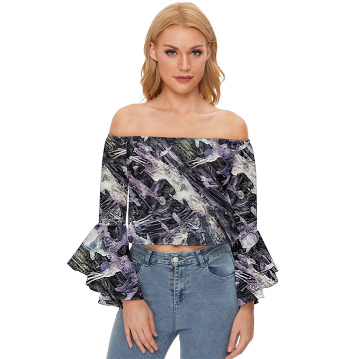 Reticulated Nova Off Shoulder Flutter Bell Sleeve Top