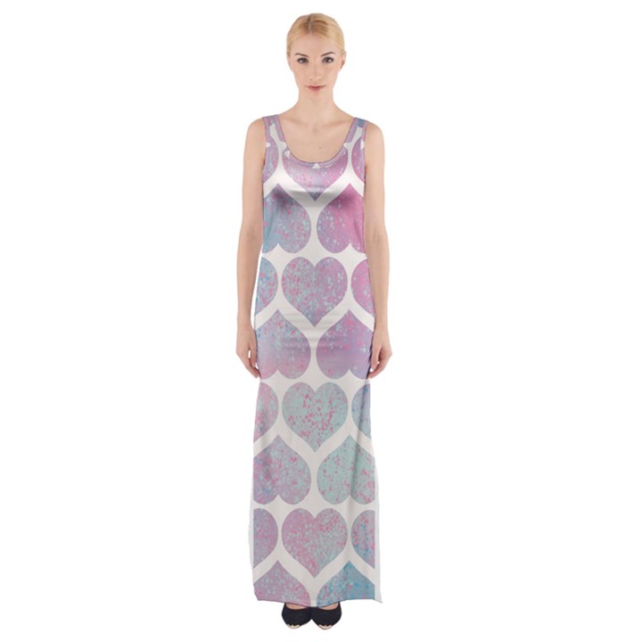 Multicolored Hearts Thigh Split Maxi Dress