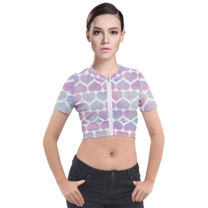 Multicolored Hearts Short Sleeve Cropped Jacket