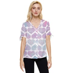 Multicolored Hearts Bow Sleeve Button Up Top