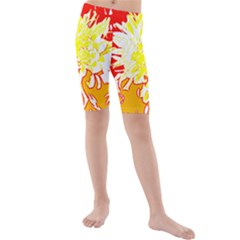 Red And Yellow Floral Kids  Mid Length Swim Shorts by 3cl3ctix