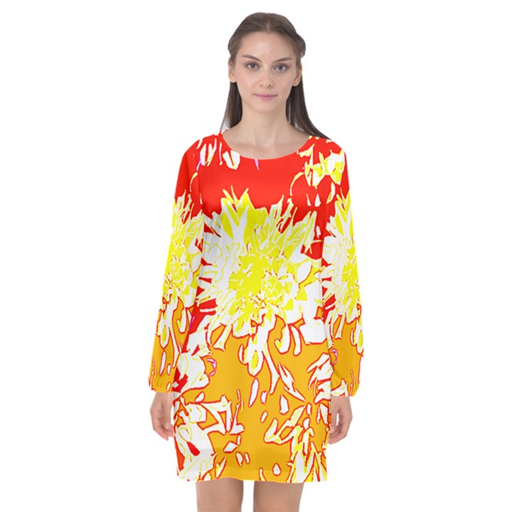 Red and Yellow Floral Long Sleeve Chiffon Shift Dress 